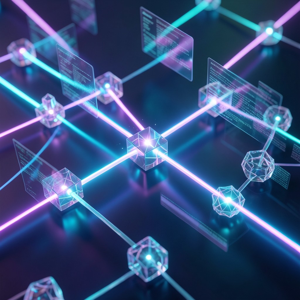 Cryptographic network visualization with glowing nodes and holographic data paths